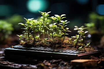 planting trees on computer keyboard, green computing, taking care of the environment, cutting down trees