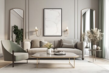 Large sofa in a luxurious apartment. Big mockup frame hanging on the wall. Contemporary style. Generative AI.