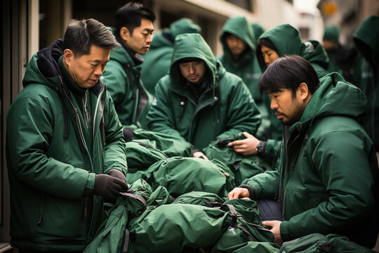 group of asian men with green coats working with green bags