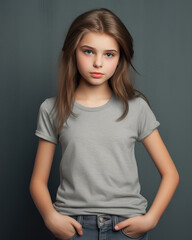 Fototapeta premium Cute female child wearing a gray blank t-shirt with dark background mockup