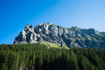 Oeschinensee, Switzerland - July 27, 2022 - View from Oeschinensee, Switzerland in the town of Kandersteg.