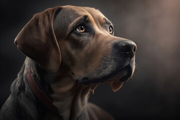 Portrait of dog on a dark background. Copy space. Generative AI.