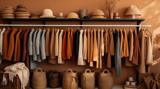 A close-up shot of a row of light brown coats and sweaters on hangers in a store, highlighting the timeless and classic appeal of women's fashion.