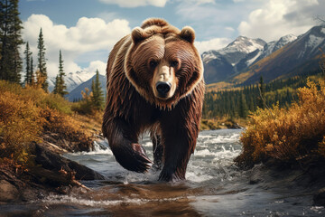 Obraz na płótnie Canvas brown bear on a path with a river, generative ai 