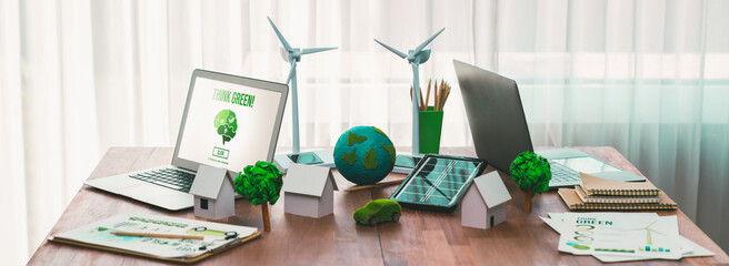 Environment friendly company office table with various eco mockup for environmental conservative...