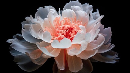  a white and pink flower on a black background with a reflection.  generative ai