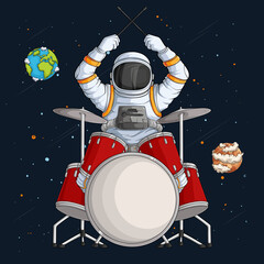 Hand drawn Drummer astronaut in spacesuit playing drums with crossed sticks and cymbals over space