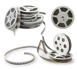 Obraz premium Collections old film strip in metal bobbins isolated on white. Various angles.