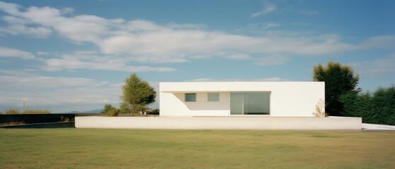 Fototapeta na wymiar Minimalist house in hi-tech style on a sunny day. Generative AI