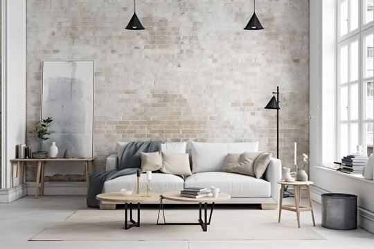 Fototapeta Modern living room, white gray brick wall mockup. Generative AI.