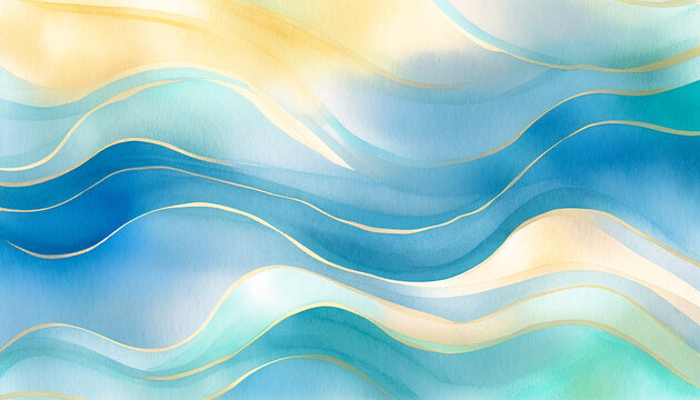Abstract ocean wave, sun, sky watercolor illustration. Nature blue, teal, yellow happy cartoon water pool wave. Beach travel ocean wave background. Wavy fun web banner backdrop, graphic for copy space