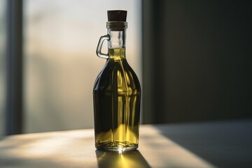 Olive Oil in a glass bottle on light background. Natural shades. Copy space. Generative AI.