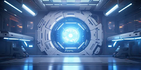 Foto op Canvas AI Generated. AI Generative. Futuristic space ship galaxy alien door gate entrance sci fi concept neon indoor architecture. Graphic Art © AkimD
