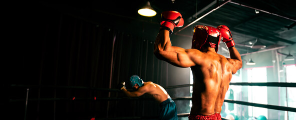 Boxer and intimidation with victory or winner posing after he won boxing match, confident stance...