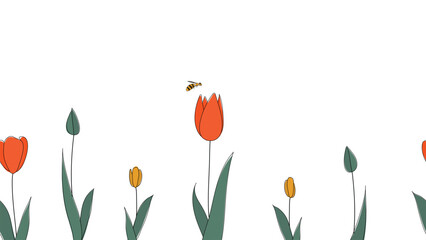 Seamless border of tulips hand drawn in simplified children cartoon naive style on white background.Cute bee flying over flower.For design of website or shop for spring or summer.Vector illustration
