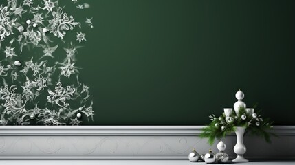  a green wall with white ornaments and a white vase with a green background.  generative ai