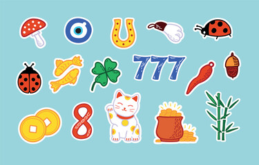 Good Luck Stickers Set. Asian and European talismans and amulets colorful vector illustration. Symbols of success