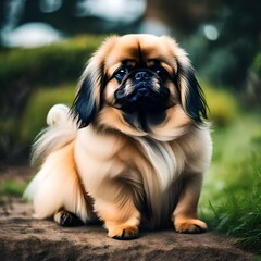 Naklejka na ściany i meble Image of an adorable beige and black long haired pekingese puppy from a dog shelter rescue.