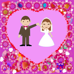 Hochzeit, Wedding, süße Braut und Bräutigam, einzeln auf weißem, Rosen Hintergrund, Vektorgrafik	
