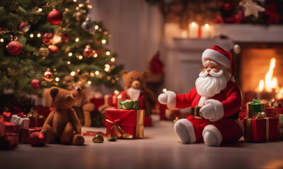 Fototapeta na wymiar Teddy Bear in Christmas tree. Cute cartoon rabbit with bear, candy cane, gifts box, Christmas tree. Merry Christmas celebration, New Year celebration. 