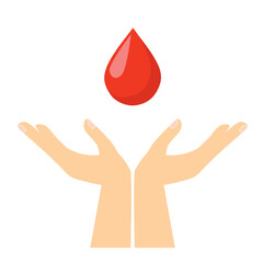 Manos sosteniendo una gota de sangre. Vector. Concepto: Donar sangre. Salud