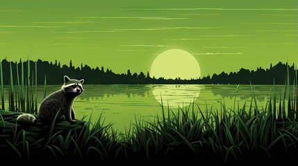  a painting of a raccoon sitting in the grass by a lake.  generative ai