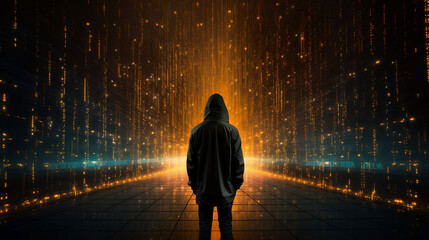 silhouette of a hacker in a hoodie looking towards data