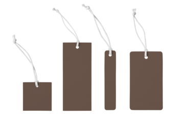 Various shape of blank brown paper label or cloth tag set isolated on white, transparent background, PNG. Price tag mockup template with copy space for brand, information. Shopping, black friday sale