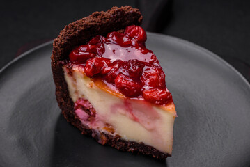 Delicious sweet cheesecake cake with mascarpone cheese, cherry berries and jam