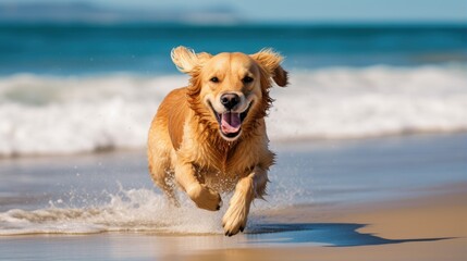 Playful golden retriever running on a sandy beach with crashing ocean waves in the background. Active, joyful, and energetic, enjoying the water and the sunny summer day.