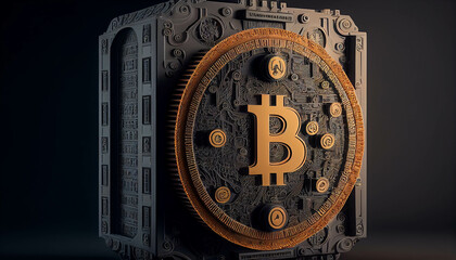 Bitcoin sign with futuristic light and metal. Digital background for crypto currency. bitcoin, crypto, crypto currency, digital, light, money, internet, futuristic, symbol, object, finance, metal,