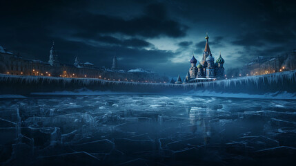 Frozen lake in front of the Sait Basil Cathedral in Moscow, Russia. Cold Russia concept. Winter in...
