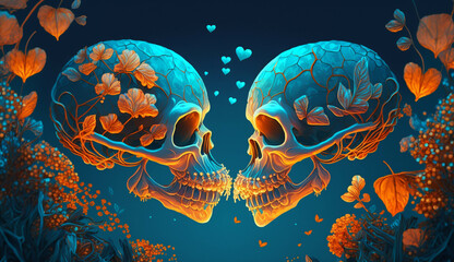 Fototapeta premium An illustration of eternal love. Two Calaveras on dark blue background. Day of the dead. Mexican sculls. Illustration of the sculls.