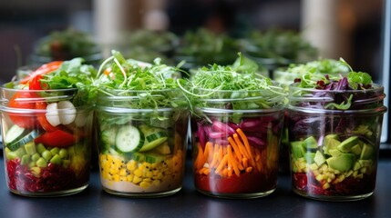 Freshly prepared, visually pleasing takeaway salads in clear glass containers. Vibrant colors, crisp greens, and colorful vegetables with a sprinkle of seeds. Soft natural light enhances the healthy 