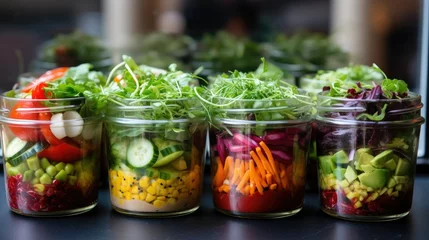 Fotobehang Freshly prepared, visually pleasing takeaway salads in clear glass containers. Vibrant colors, crisp greens, and colorful vegetables with a sprinkle of seeds. Soft natural light enhances the healthy  © Aidas