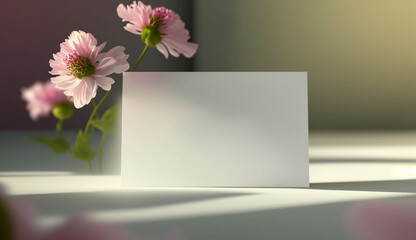 A beautiful mockup of the post card on the table with the lights and decor. Space for writing