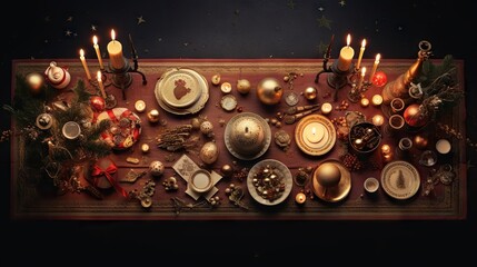  a table topped with lots of different types of dishes and candles.  generative ai