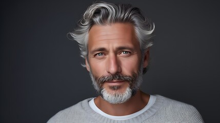 Aging Gracefully: Handsome Man with Gray Hair in Gray and White, Happy Smiling, Advertising