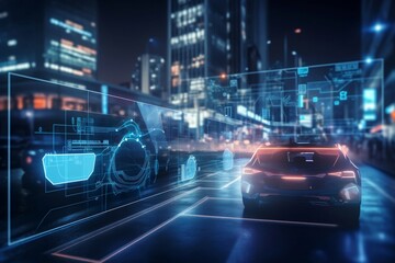 Fototapeta premium Smart transport technology alteration concept for future. Futuristic city wallpaper. Generative AI.