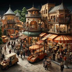 isometric view of a crowded market from an elevated perspective