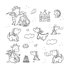 Cute dragon doodle designs. Year of the dragon 2024. A collection of cartoon dragon with princess and castle. Black and white vector illustration for a coloring book. Contour drawing. © Nina