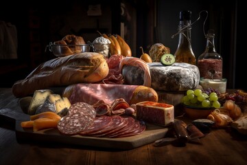 Charcuterie board of cold meats and cheeses with fruit and baked goods. Composition in dark photography style. Advertising banner with free copy space. Generative AI.