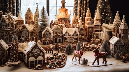  a table topped with lots of gingerbread houses and trees.  generative ai
