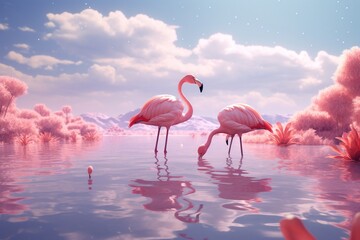 pink flamingos in water, Generative AI
