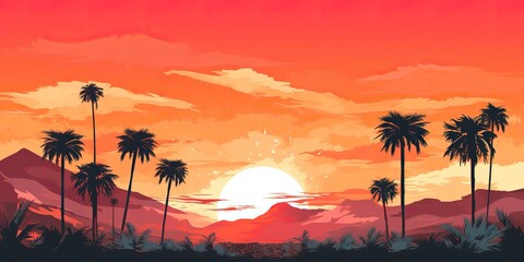 AI Generated. AI Generative. Vintage retro background landscape with palm trees mountain and lake sea ocean. Graphic Art