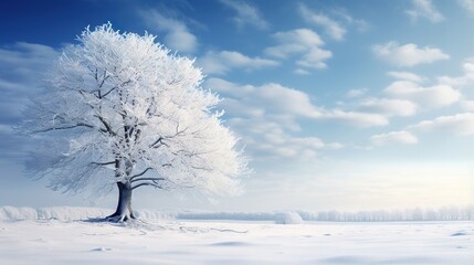 Fototapeta na wymiar a lone tree in a snowy field under a blue sky. generative ai