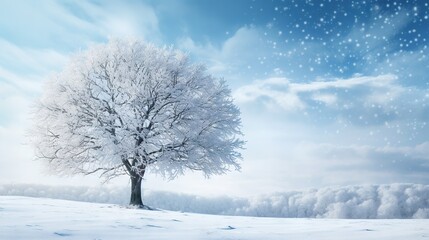 Fototapeta na wymiar a lone tree in a snowy landscape with snow flakes. generative ai