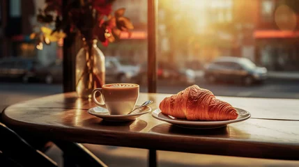 Foto op Aluminium A coffee with milk and a croissant on the table in a cafe © TopMicrobialStock