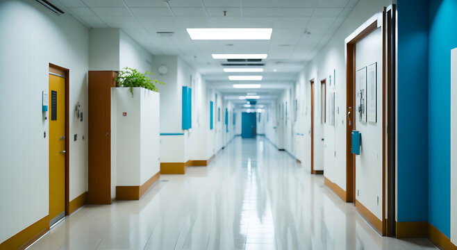  Hospital hallway, reception clinic. Unfocused background