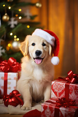 dog in a santa hat near the Christmas tree. New Year's pets. celebration and fun. furry animals next to a box, a gift.